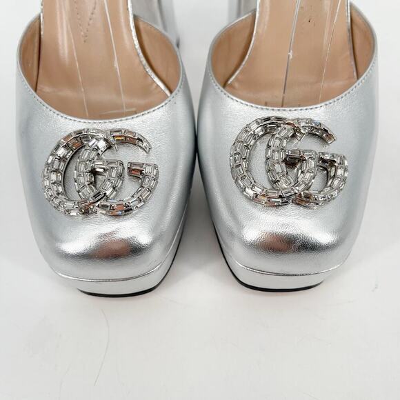 Gucci Silver Metallic Crystal GG Platform Ankle Strap Block Heel Pumps EU 37.5 - Picture 7 of 16